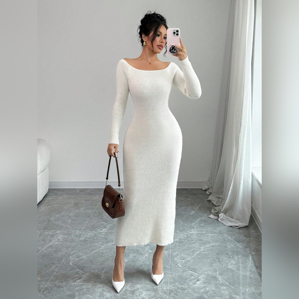 Women's Off Shoulder Bowknot Sweater Dress, Elegant Design For Autumn/Winter - Picture 2 of 7